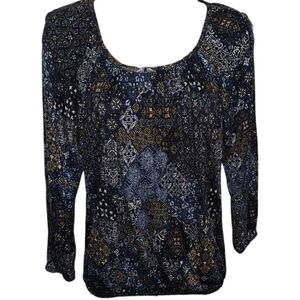 MICHAEL Michael Kors Patchwork Madallion Elastic Scrunch 3/4 Sleeve Top